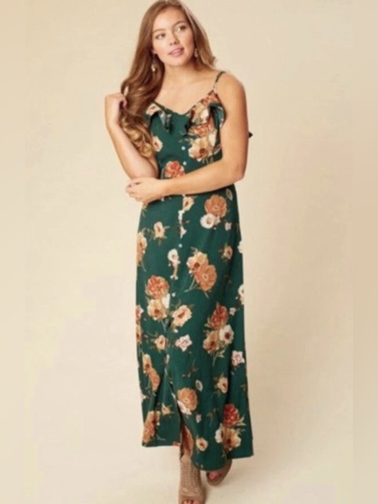 Altar'd State Dresses & Skirts - Altar'd State Emerald Green Floral Ruffle Maxi Dress